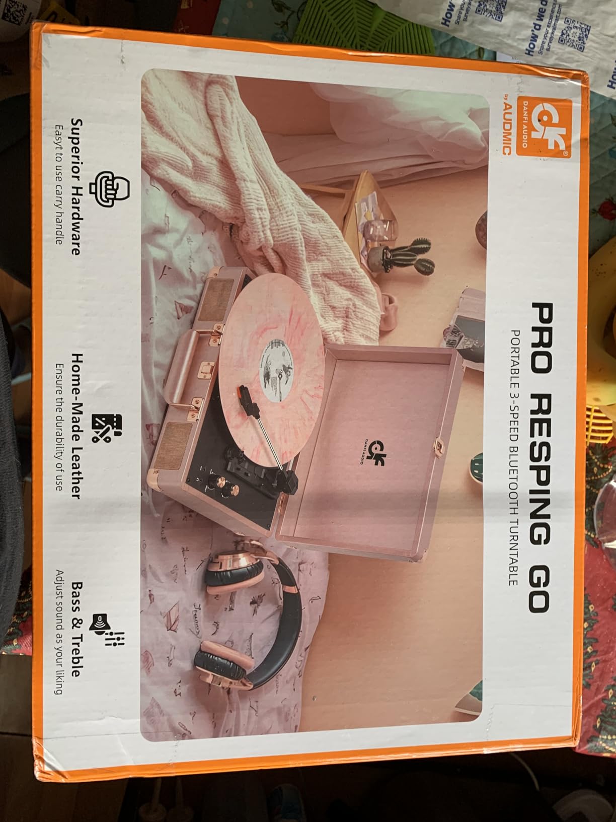 Pink Suitcase Record Player with Built-in Speakers, 3-Speed Vintage Vinyl Turntable with Bluetooth Input, Bass & Treble Tone Control, Auto Stop, Portable Music Gift for Women, Pink customer photo 1