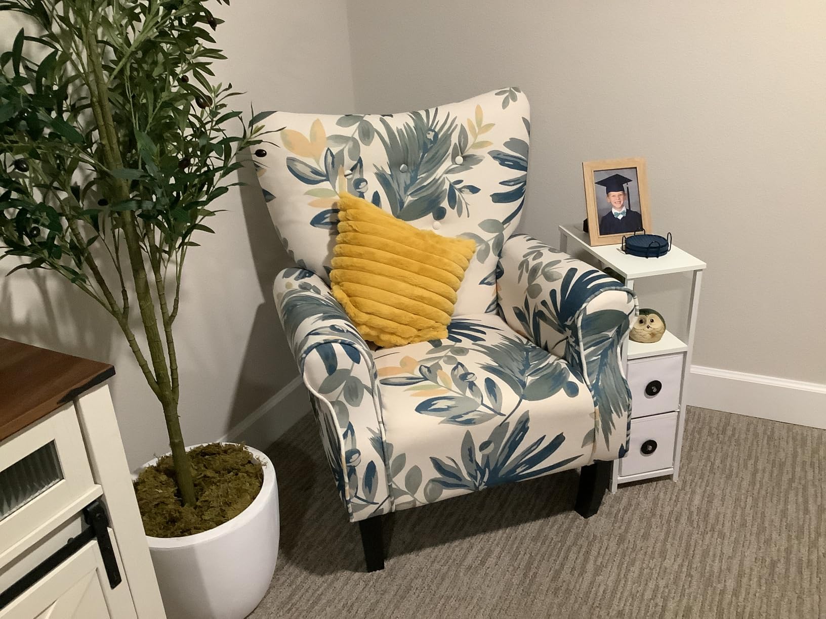 YOLENY Mid Century Wingback Arm Chair, Modern Upholstered Fabric High Back Accent Chair with Wood Legs, Upholstered Single Sofa Club Chair for Living Room, Bedroom, Home Office, Grey Green Leaves customer photo 1