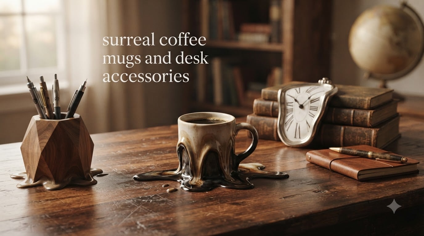 surreal coffee mugs and desk accessories