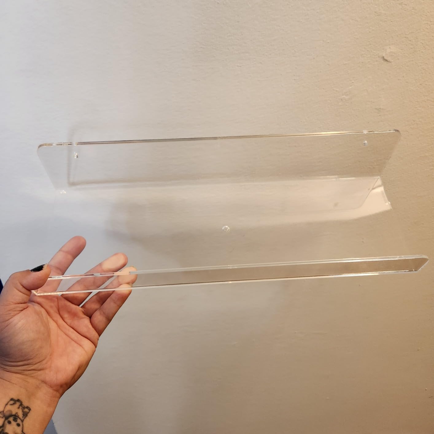 Sooyee Acrylic Shelves,8 Pack 15 Inch Floating Wall Mounted Shelves, Funko Pop Display Case,Invisible Kids Book Shelf,Picture Ledge Shelf Decor Accents,Bathroom Shelf,Clear customer photo 1