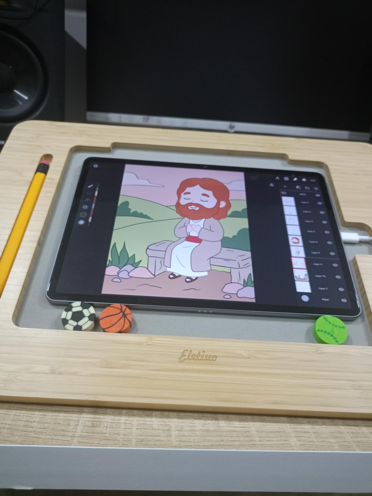 ELETIUO Adjustable Tablet Stand with Pencil&Charger Cable Slot,Bamboo Wooden Stand with Multiple Angles,Organizer Desktop Holder for Drawing,Compatible with ipads(Support to 9.7-11