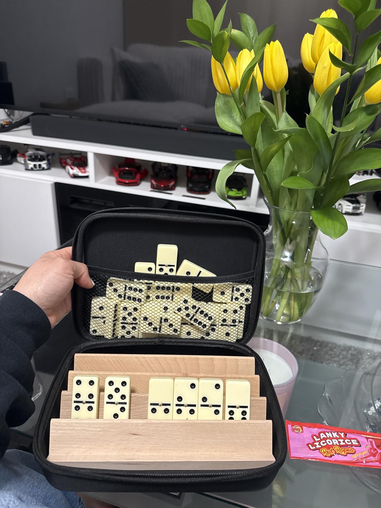 Dominoes Set Adults with 4 Wooden Racks/Trays Double Six Dominoes Travel Set with Portable Case Double 6 Dominoes Set with 4 Tiles Holders 28 Tiles Dominos Set Family Classic Board Games White customer photo 2