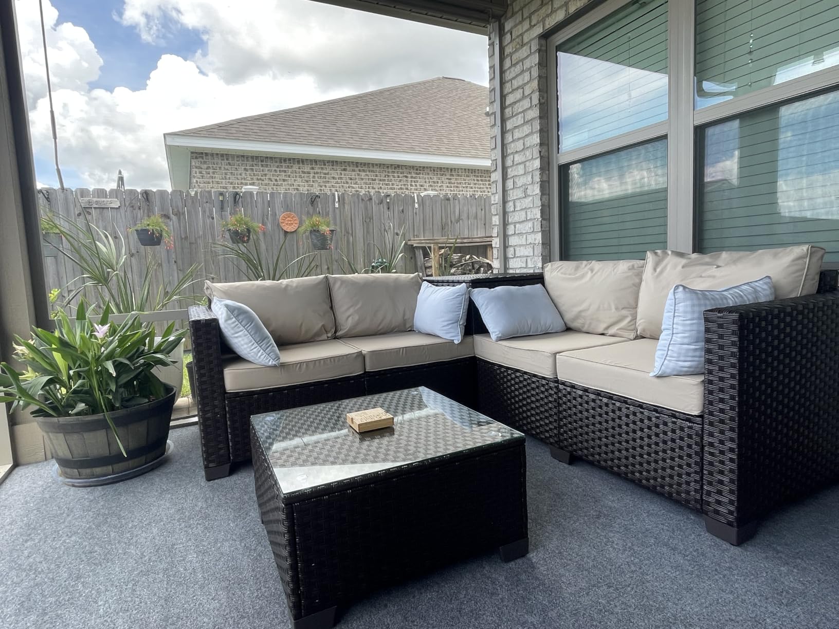 WAROOM Patio Furniture Set 4 Piece Conversation Sets Brown Rattan Outdoor Couch Loveseat Wicker Sectional Sofa with Storage Box Glass Top Table, Khaki Cushion customer photo 1